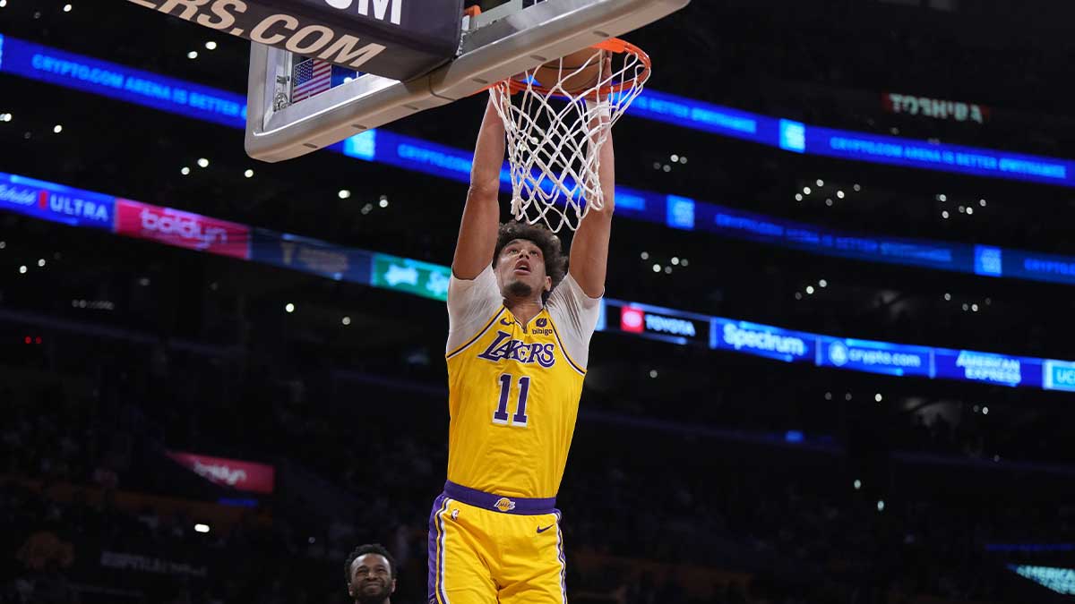 Los Angeles Lakers center Jaxson Hayes (11) dunks the ball after the game in the first half at Crypto.com Arena.