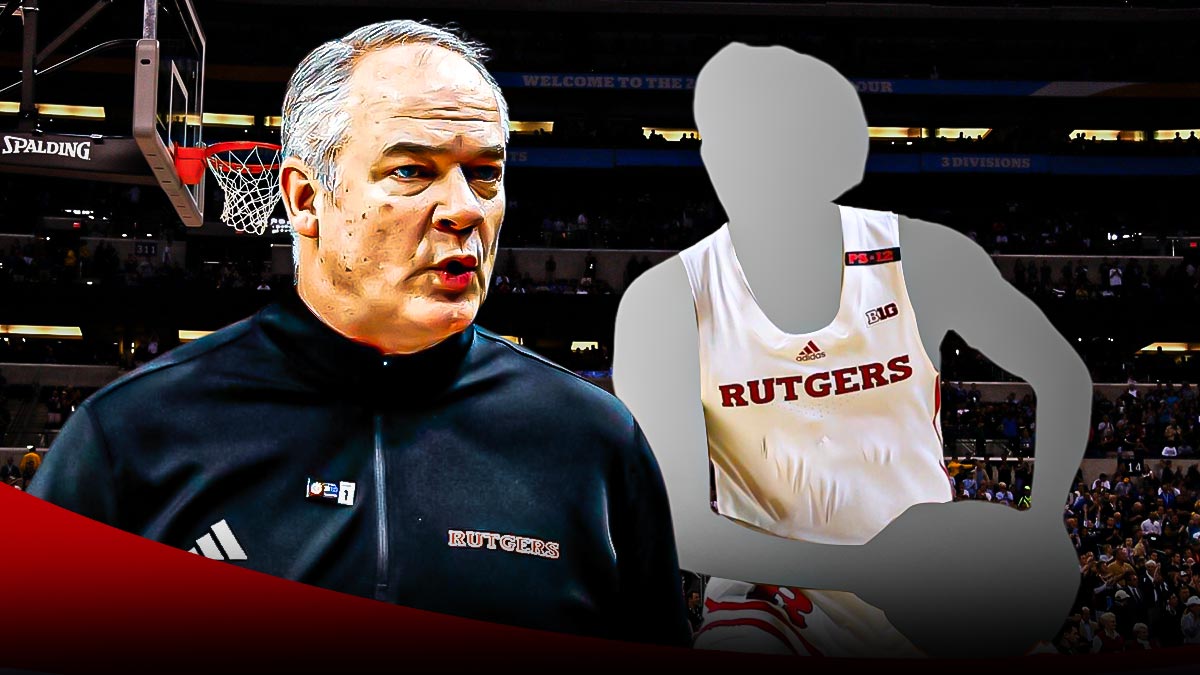 A shadowy player in a Rutgers basketball jersey alongside Rutgers men’s basketball head coach Steve Pikiell, Dylan Harper Cooper Flagg NBA Draft