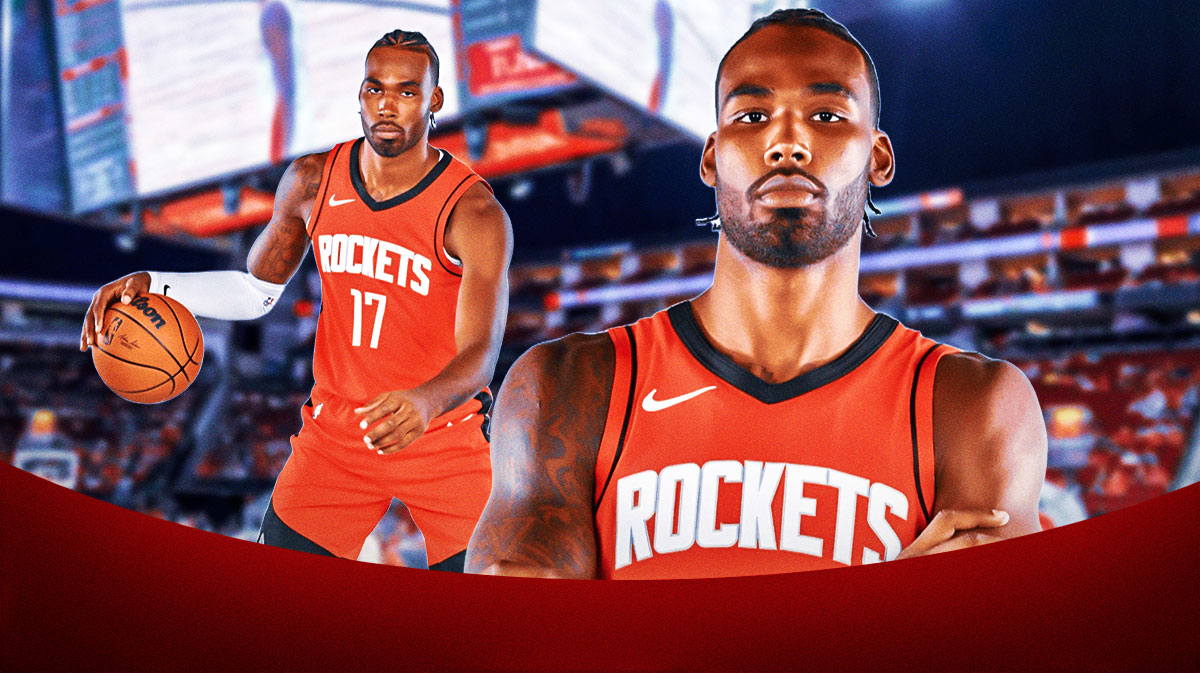 Houston Rockets player Tari Eason with the Rockets arena in the background, season injury