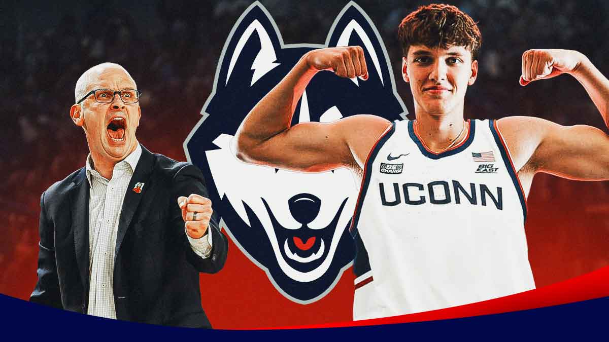 High school basketball player Eric Reibe in a UConn basketball jersey. Have a current/recent image of UConn coach Dan Hurley next to him. Have the UConn logo in the background, commit