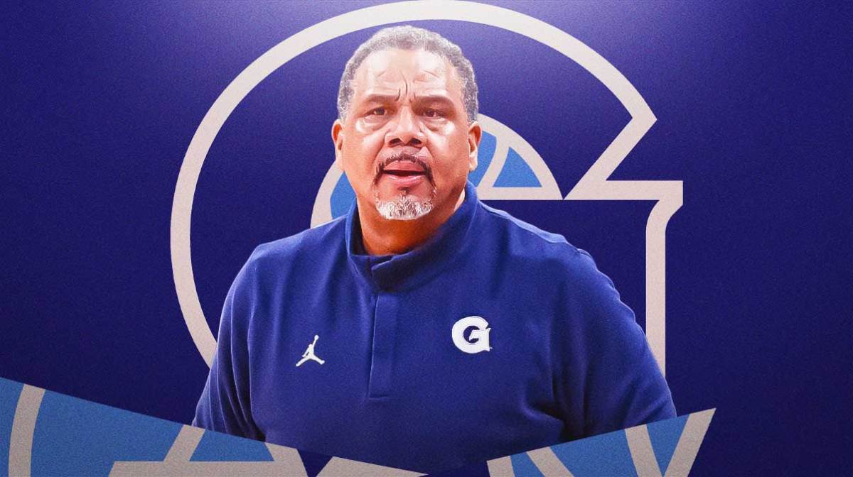 A recent/current image of Georgetown basketball coach Ed Cooley with the Georgetown logo in the background, transfer portal