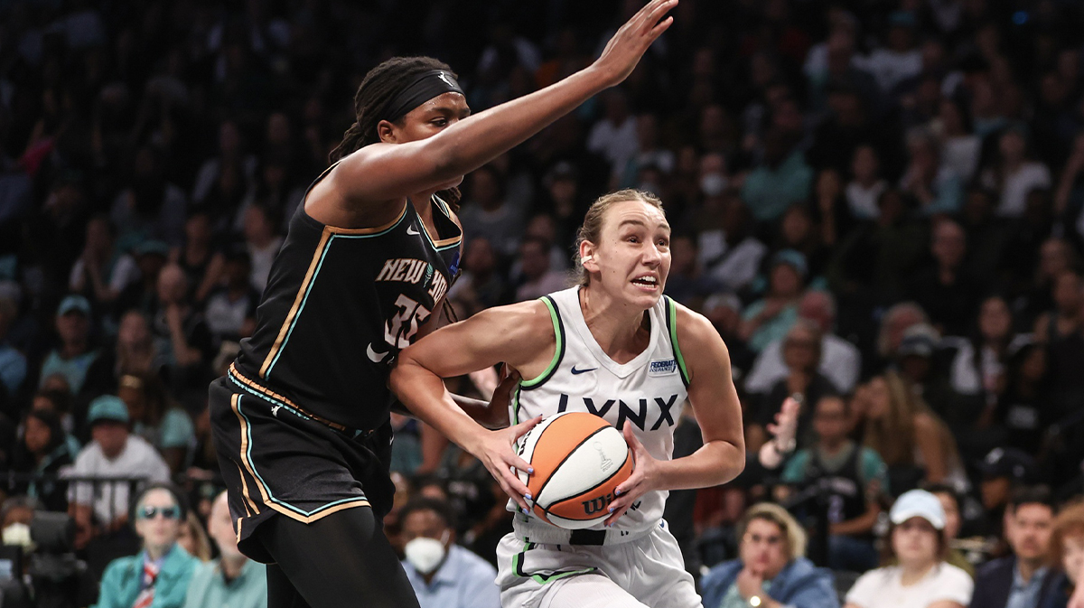 Minnesota Lynx forward Alanna Smith (8) looks to drive past New York Liberty forward Jonquel Jones (35) in the first quarter during game two of the 2024 WNBA Finals at Barclays Center.
