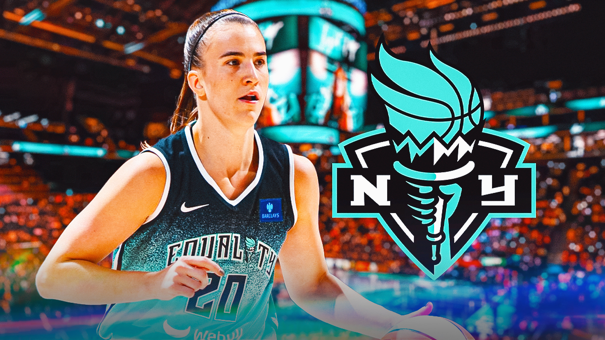NY Liberty player Sabrina Ionescu with the NY Liberty logo in the background, game winner