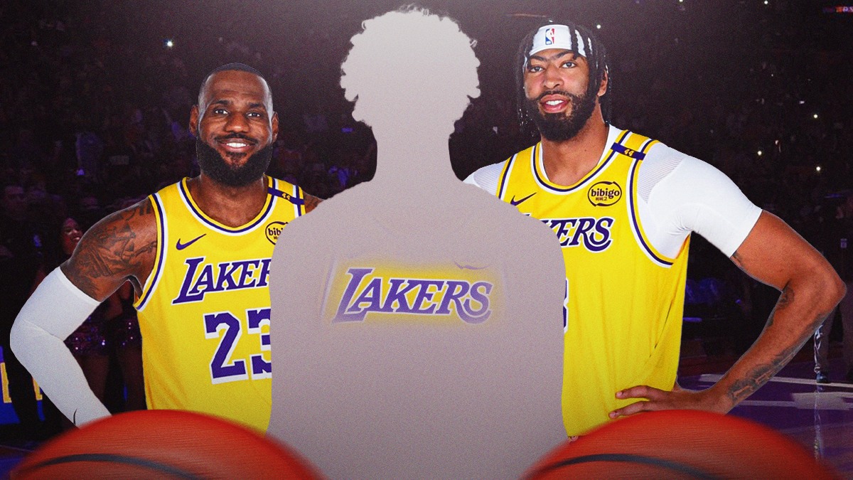 A shadowy player in an LA Lakers jersey with LeBron James on one side of him and Anthony Davis on the other side. Have the Lakers arena in the background, season roster