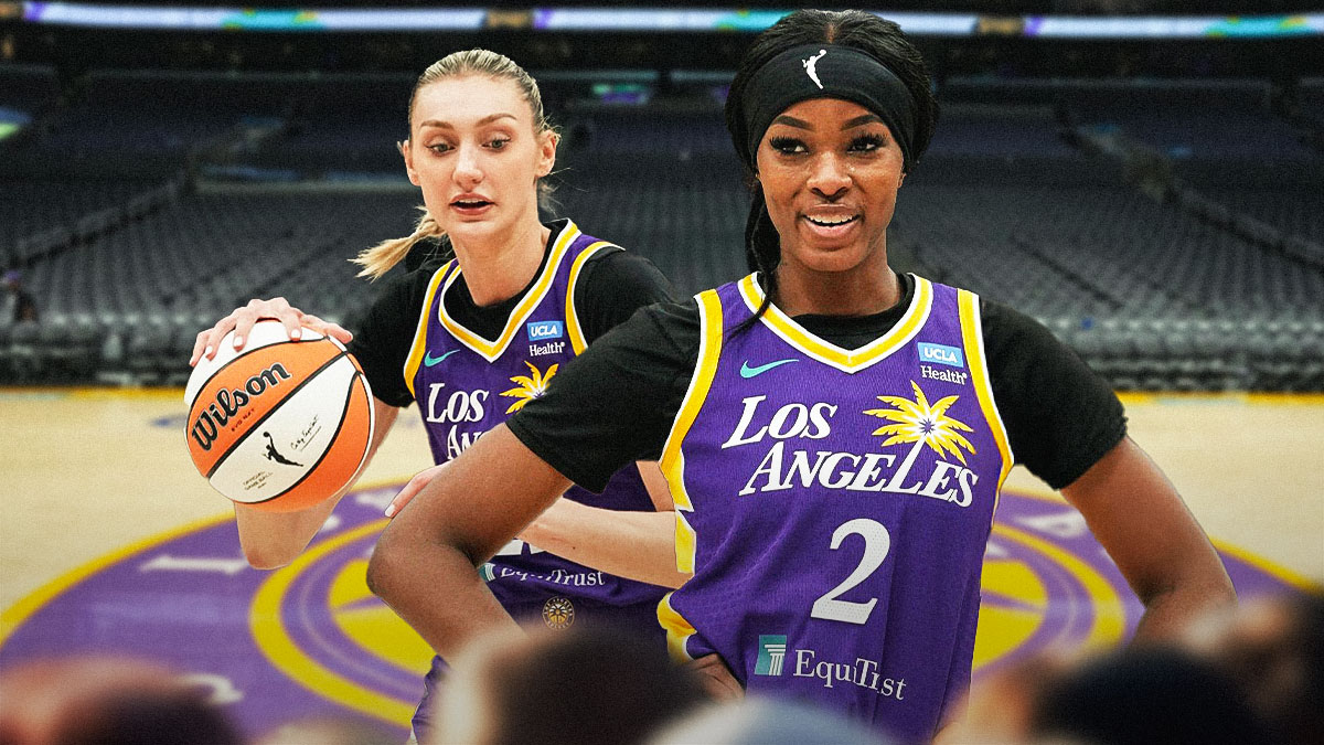 LA Sparks players Rickea Jackson and Cameron Brink with the LA Sparks arena in the background, WNBA expansion draft