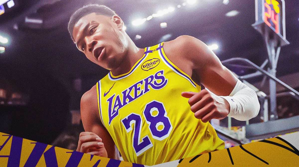 LA Lakers player Rui Hachimura with the LA Lakers arena in the background, rebound season