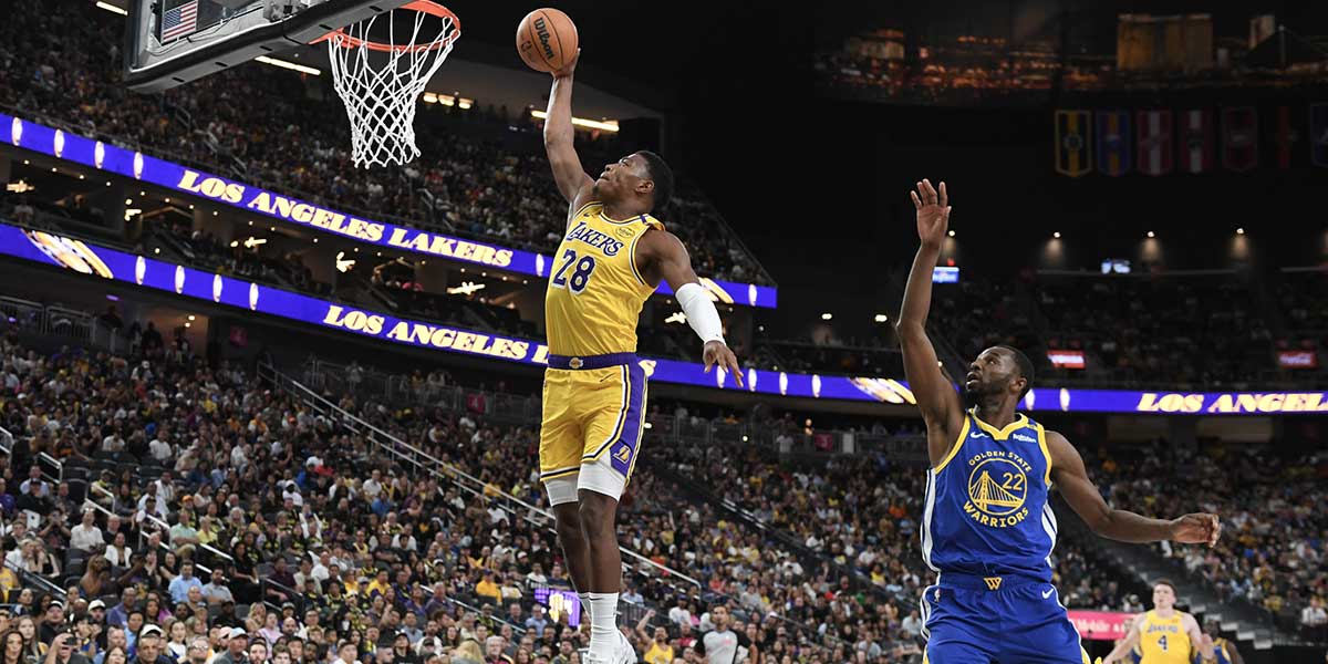 Los Angeles Lakers forward Rui Hachimura (28) scores against the Golden State Warriors in the fourth quarter of their preseason game at T-Mobile Arena.