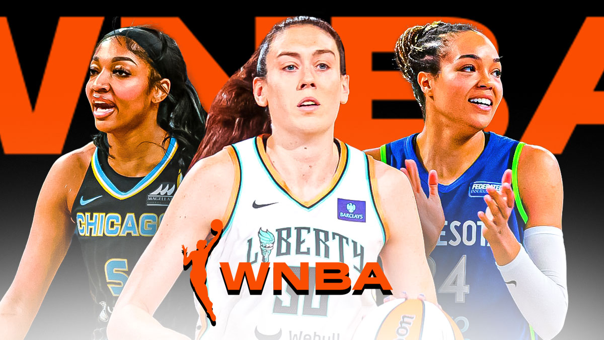 Chicago Sky player Angel Reese. Have NY Liberty player Breanna Stewart on one side of her and Minnesota Lynx player Napheesa Collier on the other side of her. Have the WNBA logo in the background, Finals Game 5
