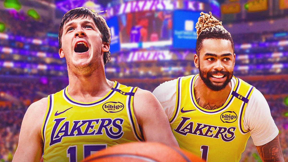 LA Lakers players D’Angelo Russell and Austin Reaves with the LA Lakers arena in the background