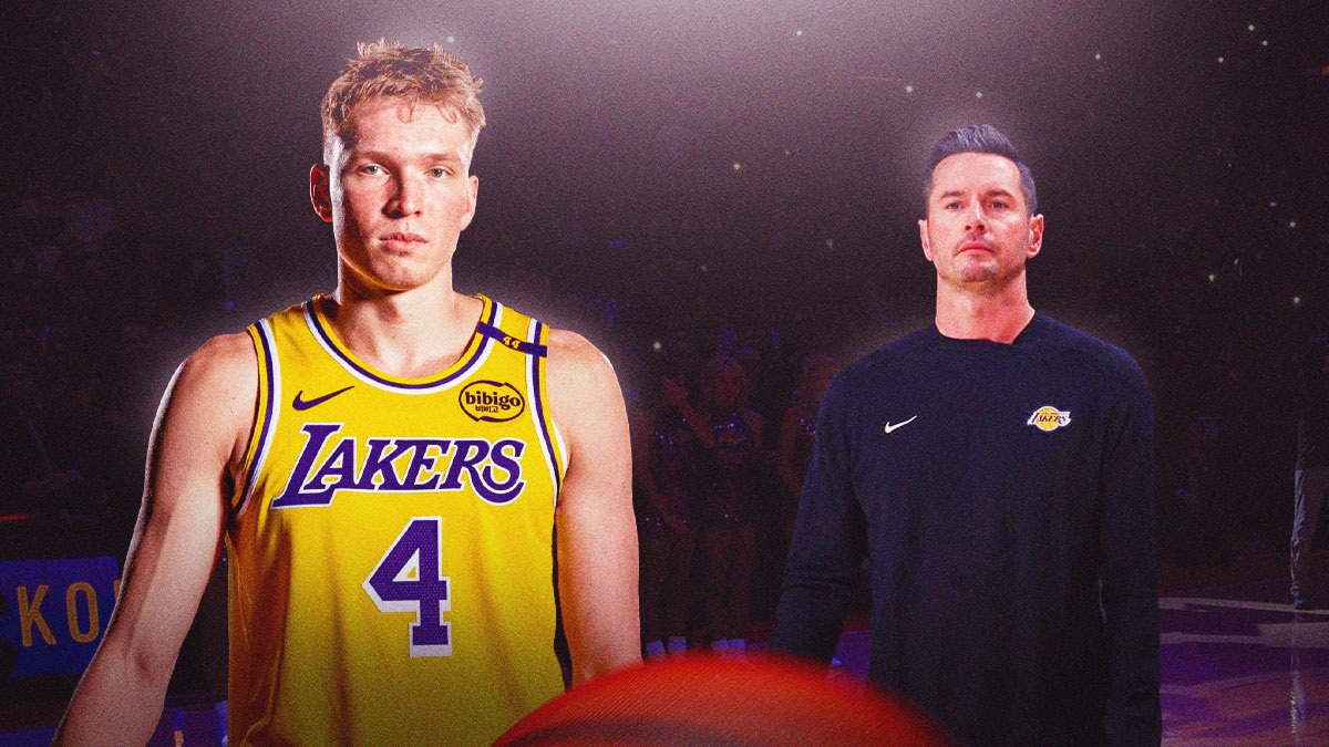 LA Lakers player Dalton Knecht alongside a recent/current image of LA Lakers coach JJ Redick. Have the Lakers arena in the background