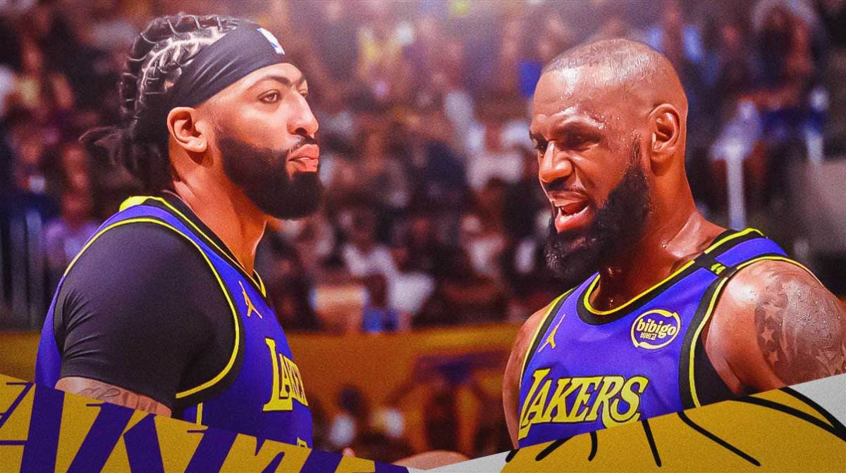 LA Lakers players LeBron James and Anthony Davis with the LA Lakers arena in the background, Walker Kessler trade