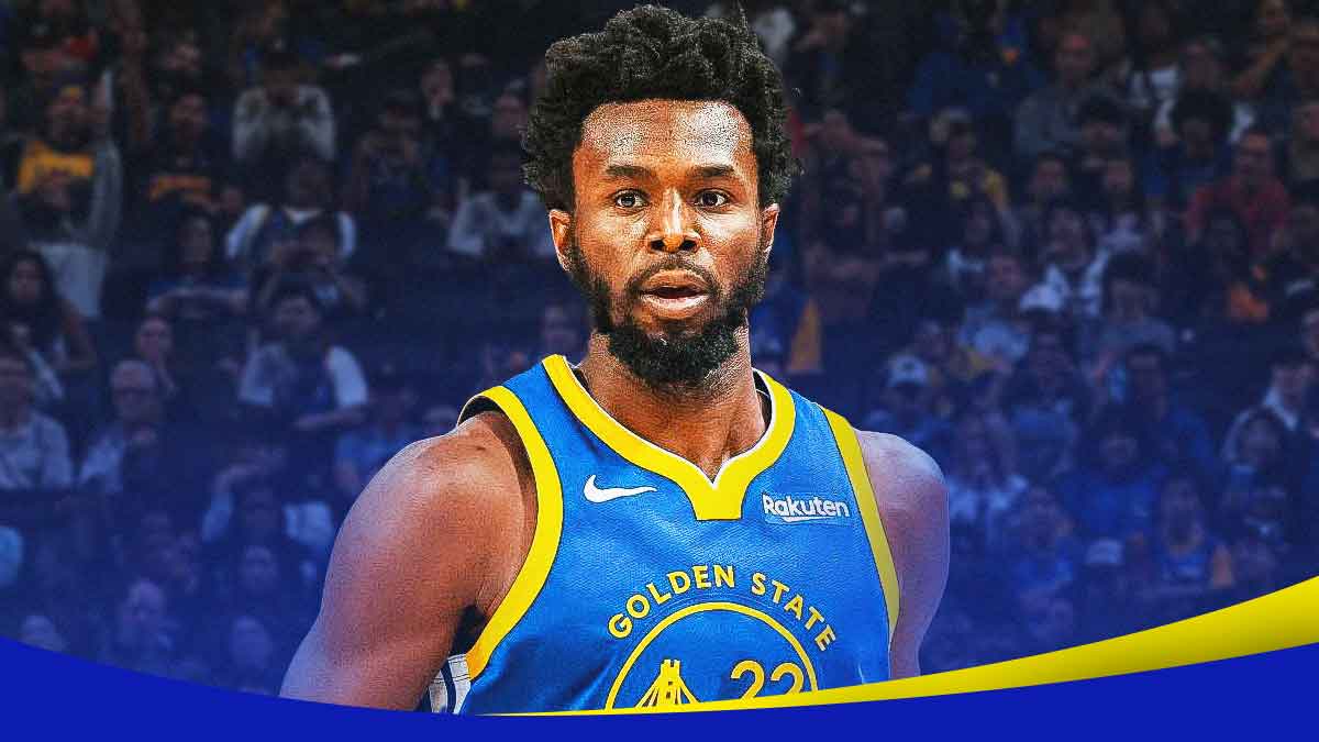 Golden State Warriors player Andrew Wiggins with the Warriors arena in the background, injury Pelicans