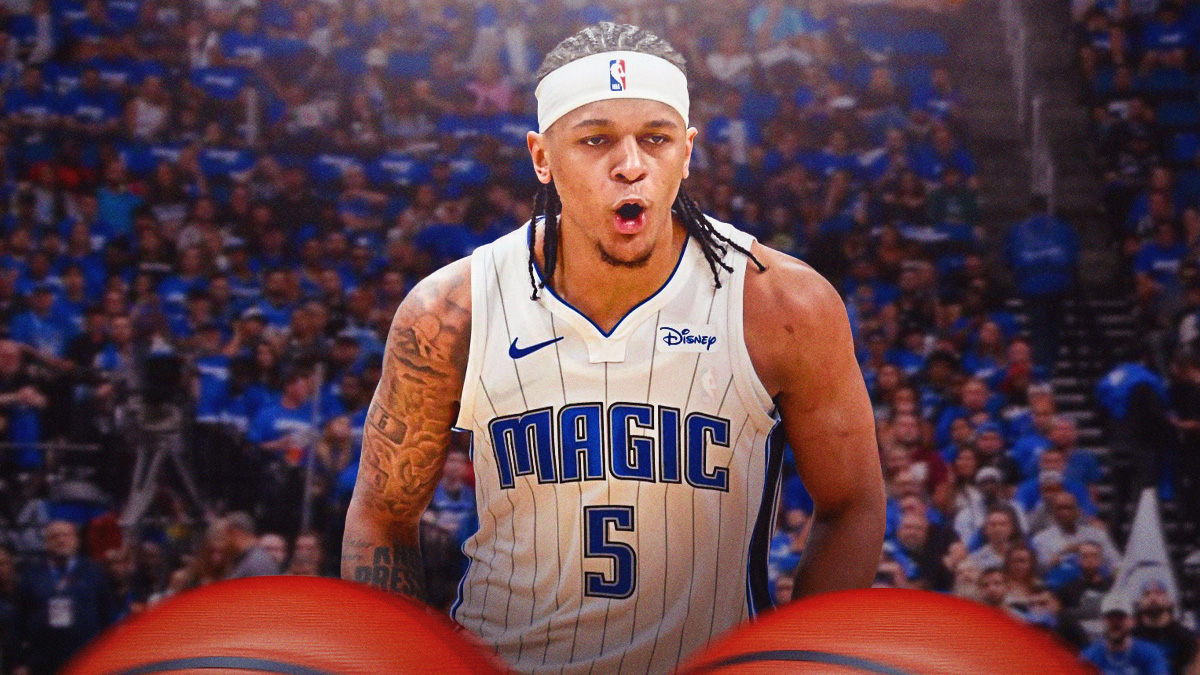 Orlando Magic player Paolo Banchero with the Magic arena in the background, stat line Pacers