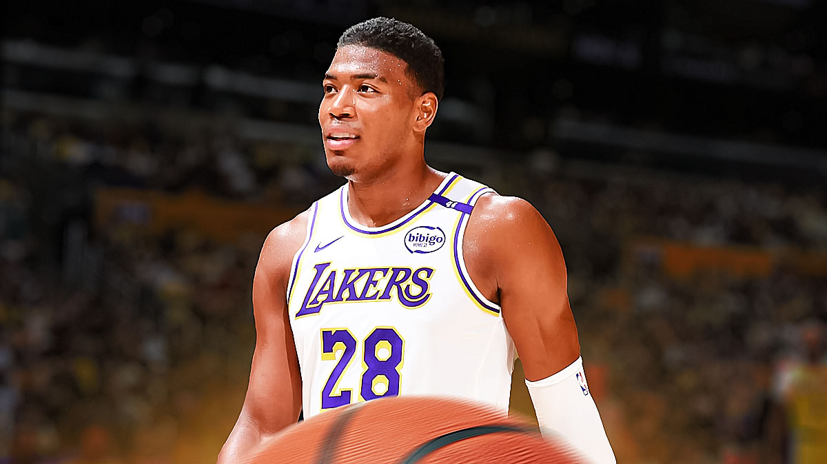 LA Lakers player Rui Hachimura with the LA Lakers arena in the background, season