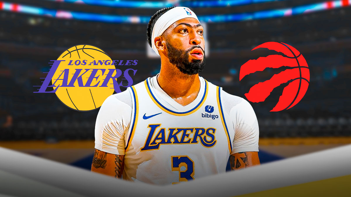 LA Lakers player Anthony Davis with the Lakers and Toronto Raptors logos in the background, injury