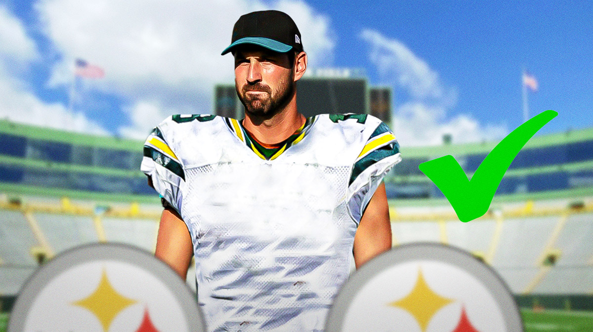 NFL Kicker Brandon McManus with a Green Bay Packers jersey on, with a green check mark next to him.