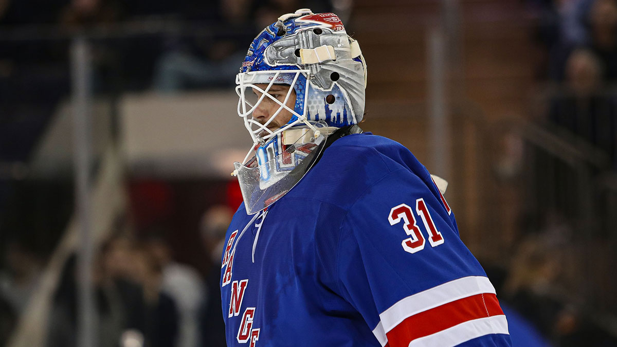 New York Rangers goalie Igor Shesterkin (31) skates to the bench during the second period against the New York Islanders at Madison Square Garden.
