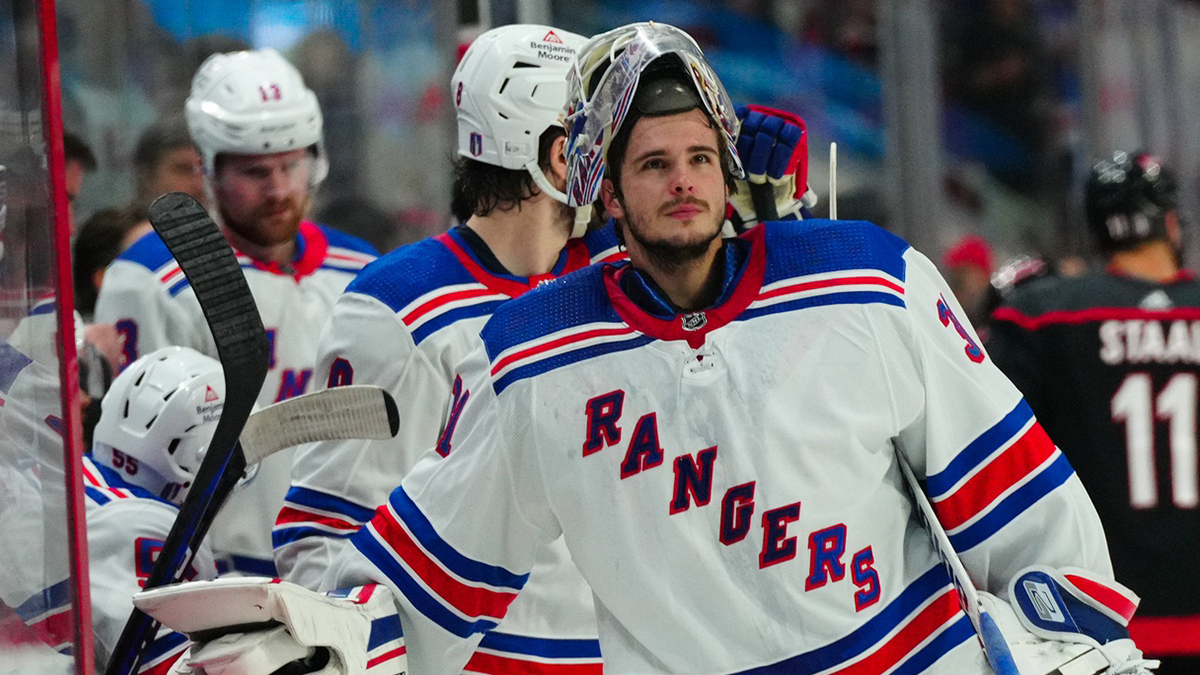 New York Rangers goaltender Igor Shesterkin (31) looks on against the Carolina Hurricanes during the first period in game three of the second round of the 2024 Stanley Cup Playoffs at PNC Arena.