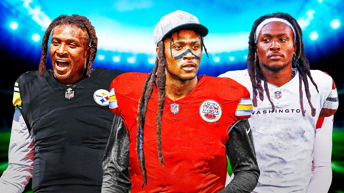 DeAndre Hopkins in a handful of different jerseys. Hopkins in Chiefs jersey, Hopkins in Steelers jersey, Hopkins in Commanders jersey.