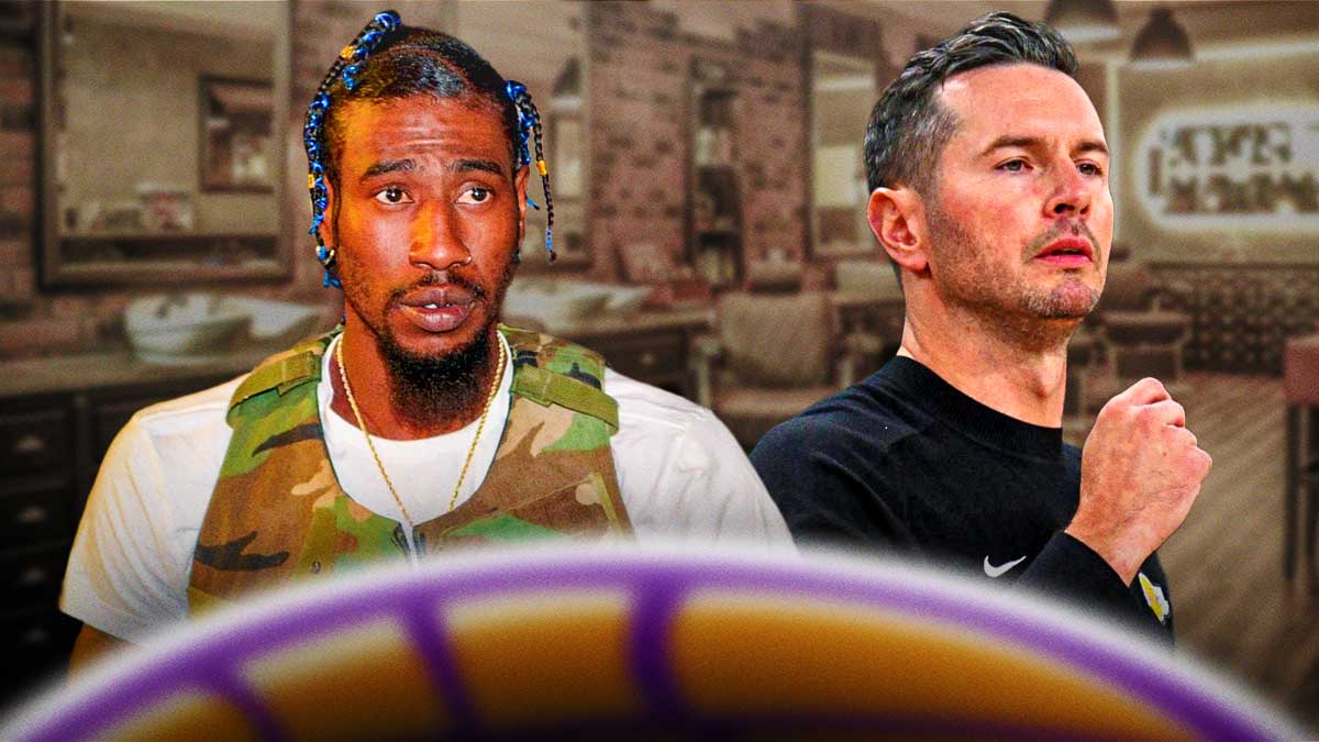 Iman Shupert next to Lakers' JJ Redick with a barber shop background.