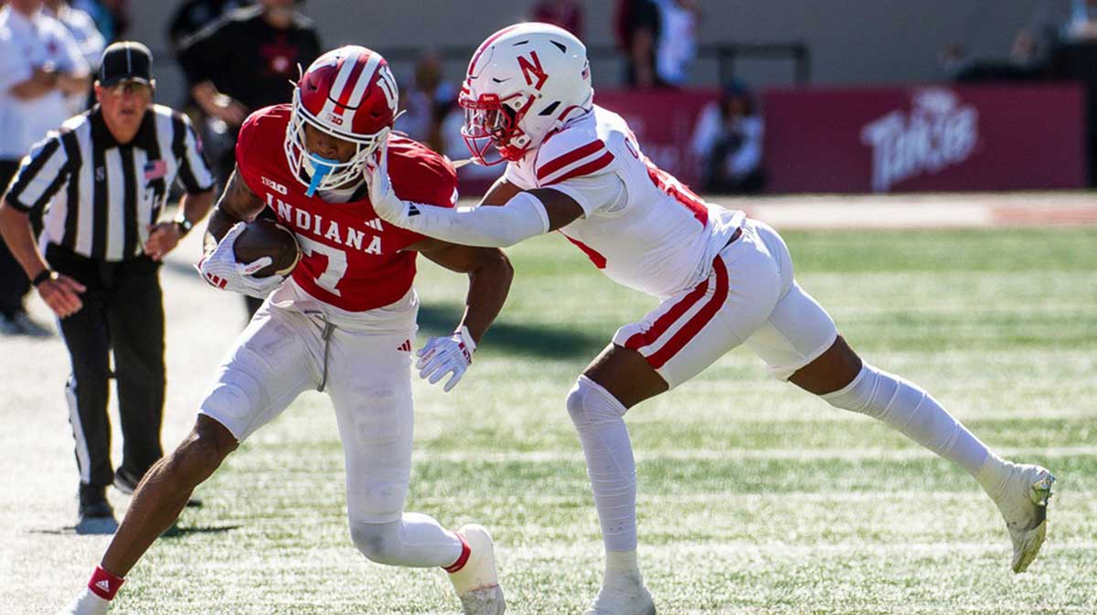 Indiana's E.J. Williams Jr. (7) runs after the catch during the Indiana versus Nebraska football game at Memorial Stadium on Saturday, Oct. 19, 2024.