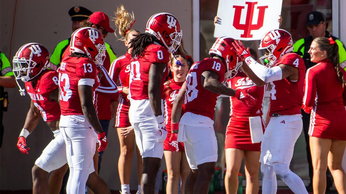 Indiana's Myles Price (4) celebrates a touchdown during the Indiana versus Washington football game at Memorial Stadium on Oct. 26, 2024.