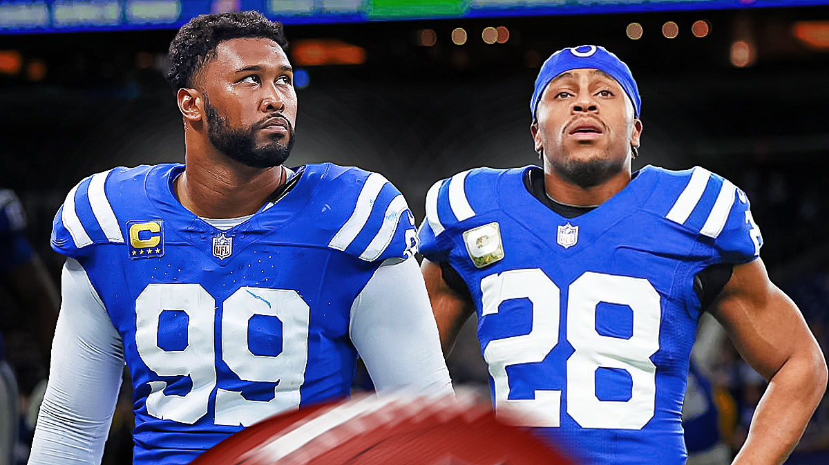 Indianapolis Colts stars Jonathan Taylor and DeForest Buckner in front of Lucas Oil Stadium.