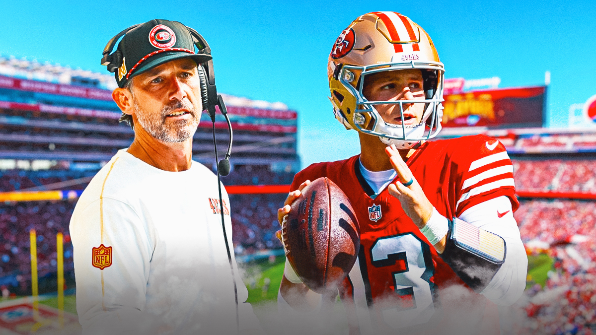 Brock Purdy next to Kyle Shanahan with the 49ers stadium as the background.