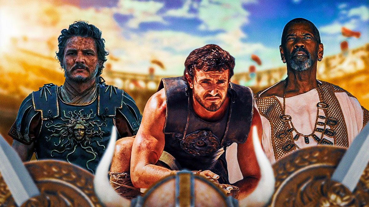 Pedro Pascal as Marcus Acacius, Paul Mescal as Lucius, and Denzel Washington as Macrinus in Gladiator II with Colosseum background.