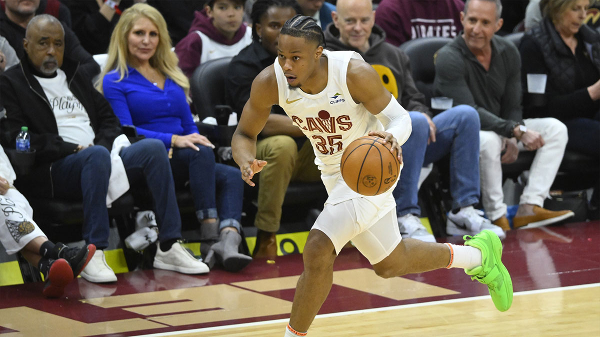 Cleveland Cavaliers forward Isaac Okoro (35) brings the ball up court in the fourth quarter against the Orlando Magic during game one of the first round for the 2024 NBA playoffs at Rocket Mortgage FieldHouse.