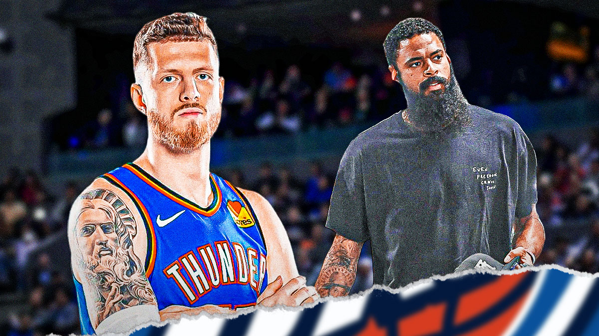 Thunder center Isaiah Hartenstein next to Tyson Chandler & the Thunder logo