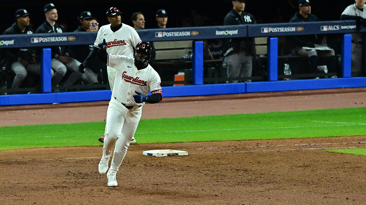 Cleveland Guardians outfielder Jhonkensy Noel (43) reacts after a two-run home run against New York Yankees pitcher Luke Weaver (not pictured) during the ninth inning in game 3 of the American League Championship Series at Progressive Field.
