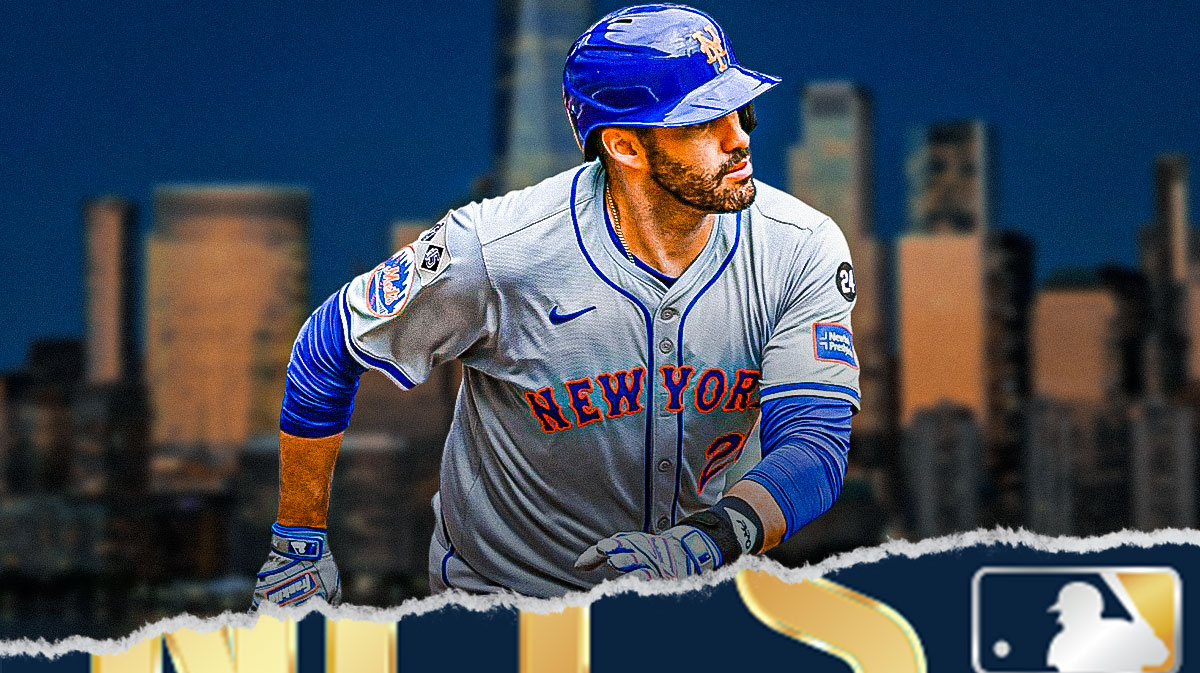 JD Martinez (Mets) and NLCS logo, NYC skyline background