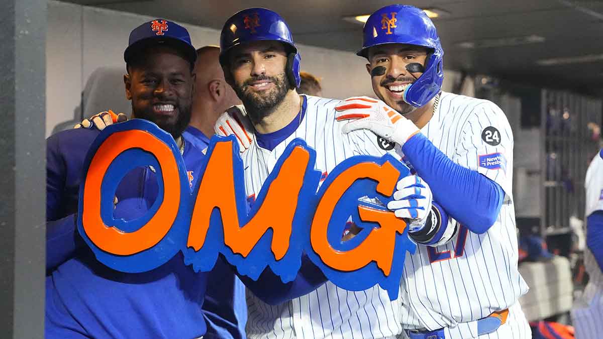 New York Mets designated hitter JD Martinez (28) celebrates hitting a two-run home run with New York Mets third baseman Mark Vientos (27) during the first inning against the Baltimore Orioles at Citi Field.