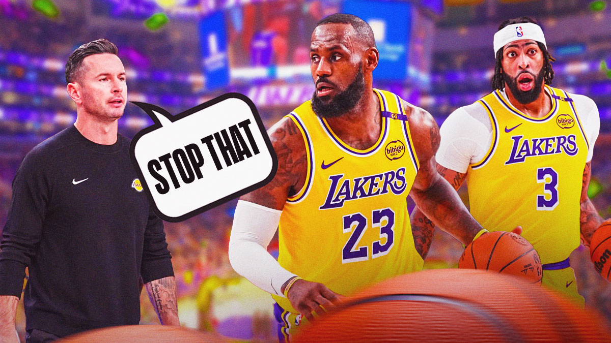 JJ Redick with speech bubble saying "Stop That" to LeBron James and Anthony Davis