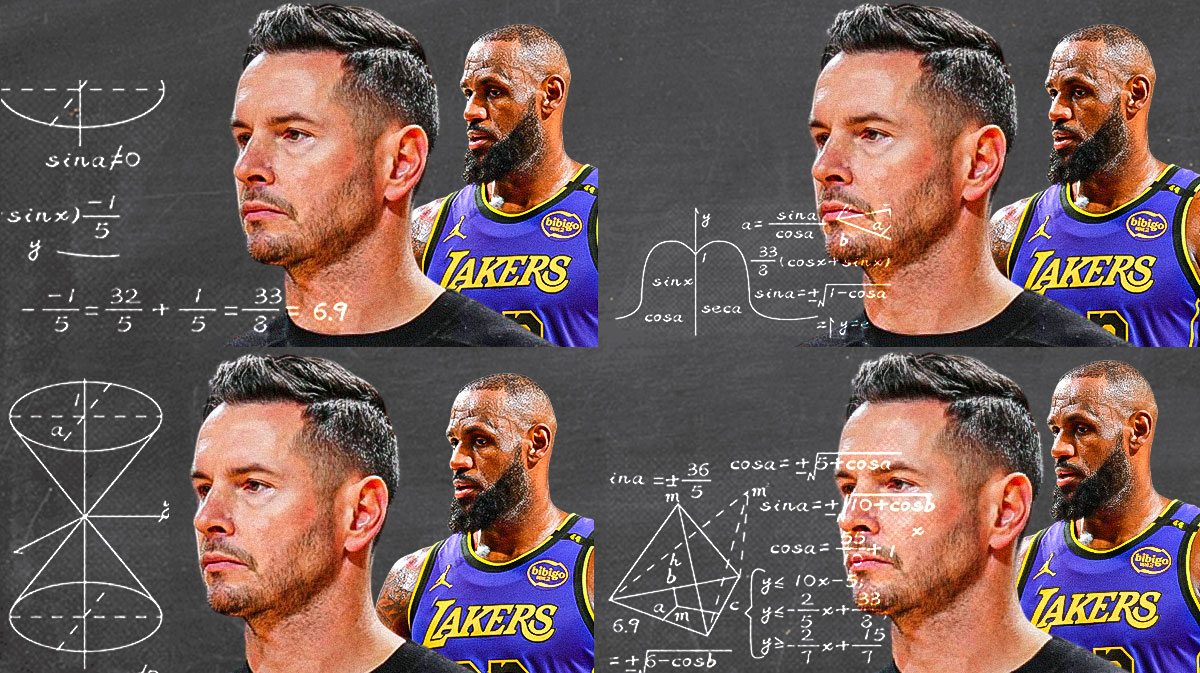 Lakers' JJ Redick and LeBron James with math symbols on them like the math lady confused meme (do not head swap)
