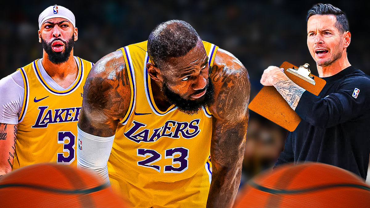 Lakers' JJ Redick yelling with a clipboard in his hands yelling at LeBron James, Anthony Davis