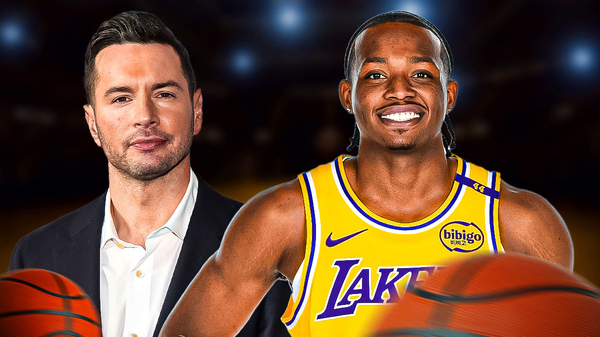 JJ Redick beside Quincy Olivari wearing Lakers gear.