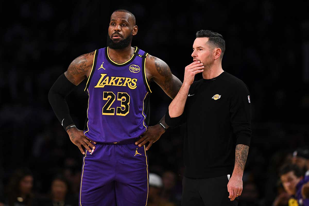 Los Angeles Lakers forward LeBron James (23) with Los Angeles Lakers head coach JJ Redick against the Phoenix Suns during the first half at Crypto.com Arena.
