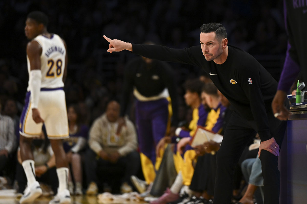 Los Angeles Lakers head coach JJ Redick reacts against the Sacramento Kings during the first half at Crypto.com Arena.
