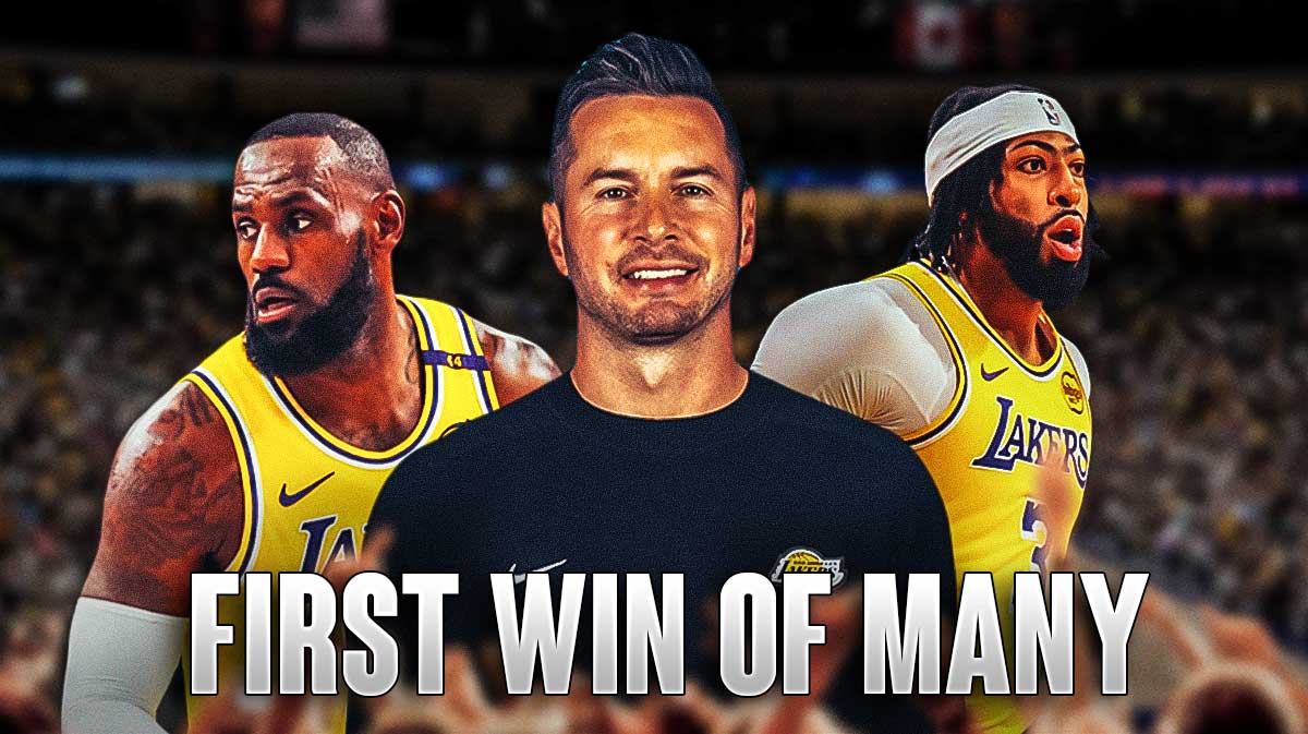 Lakers' JJ Redick, LeBron James, and Anthony Davis hyped up, with caption below: FIRST WIN OF MANY