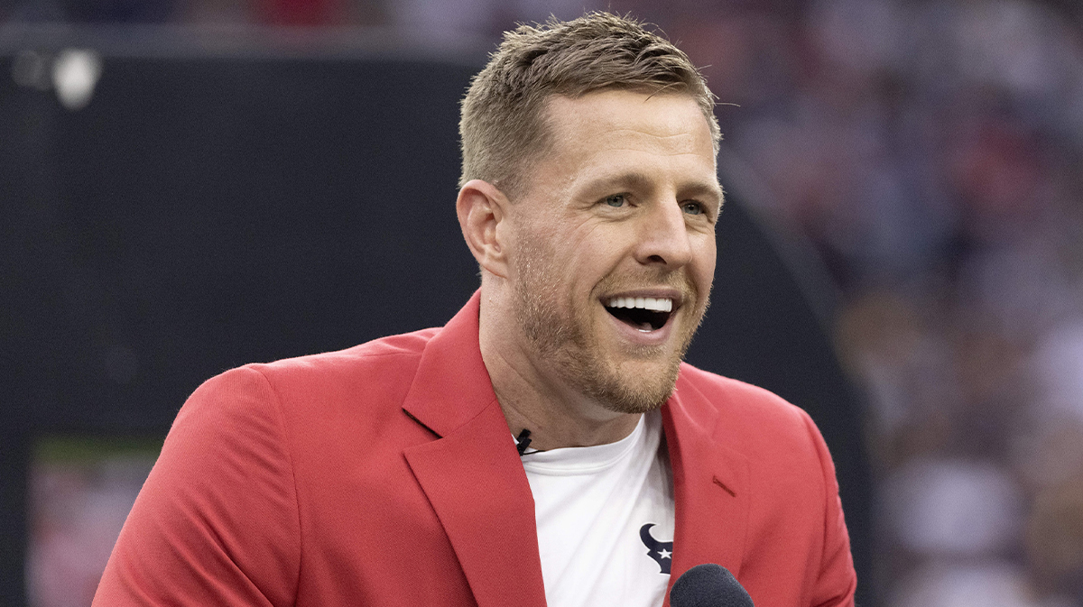 Former Houston Texans JJ Watt speaks to the fans during his Ring Of Honor Ceremony at halftime during the game between the Texans and Pittsburgh Steelers at NRG Stadium.