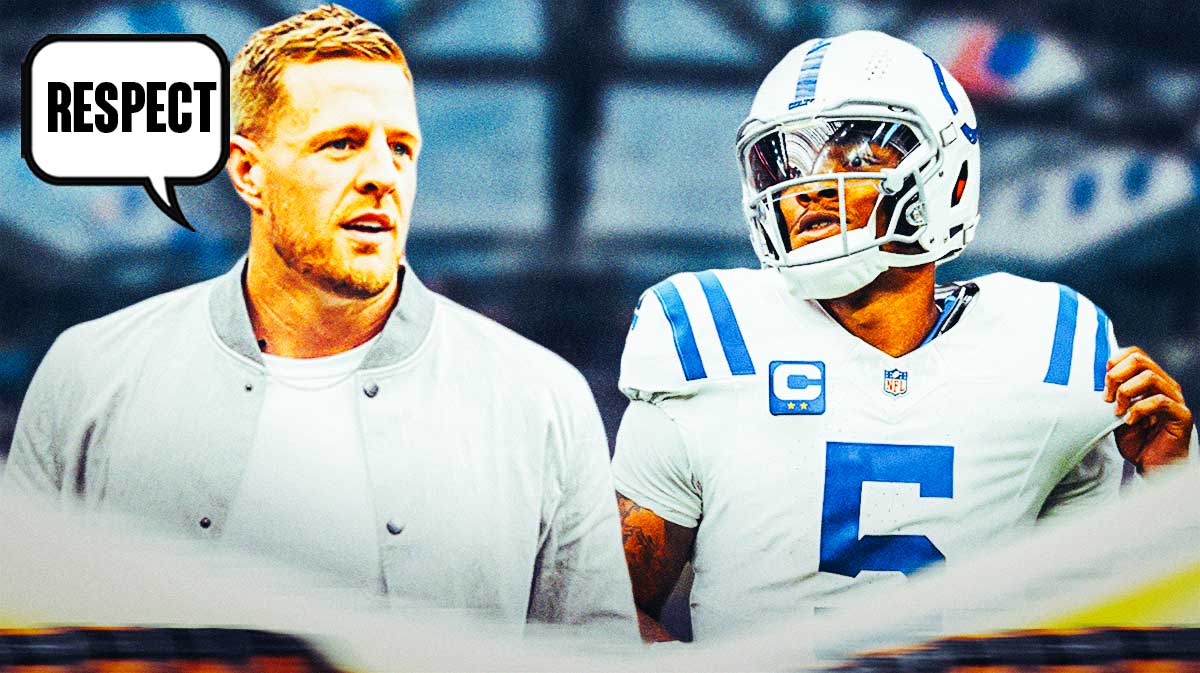 JJ Watt with a thought bubble that says "Respect" while looking at Indianapolis Colts quarterback Anthony Richardson