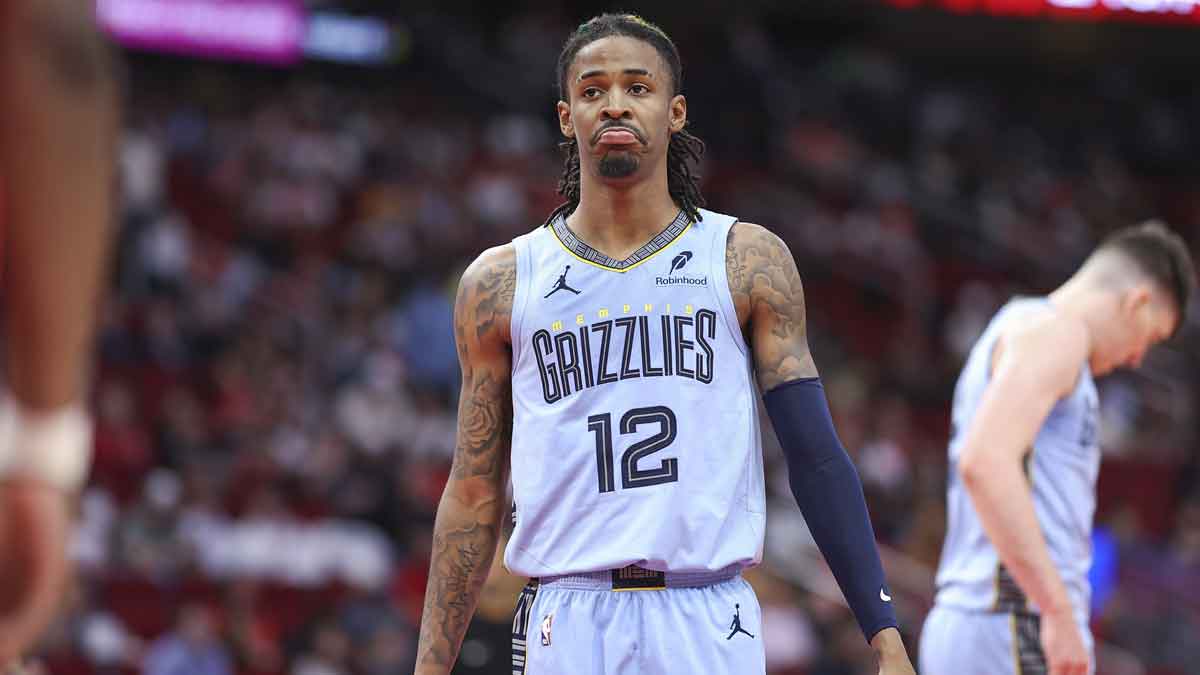 Memphis Grizzlies guard Ja Morant (12) reacts after the third quarter of the game against the Houston Rockets at Toyota Center. 