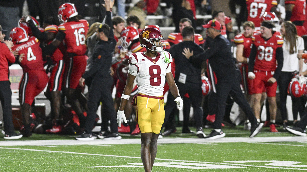 Oct 19, 2024; College Park, Maryland, USA; Southern California Trojans wide receiver Ja'Kobi Lane (8)*walks off the field after Maryland Terrapins defense stopped the offense on downs during the second half at SECU Stadium.