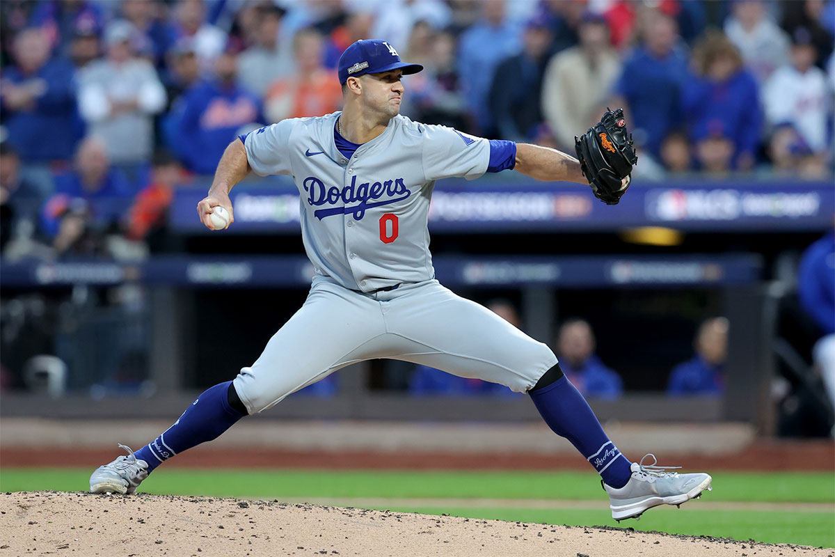 Los Angeles Dodgers starting pitcher Jack Flaherty (0) pitches against the New York Mets during the second inning of game five of the NLCS during the 2024 MLB playoffs at Citi Field.