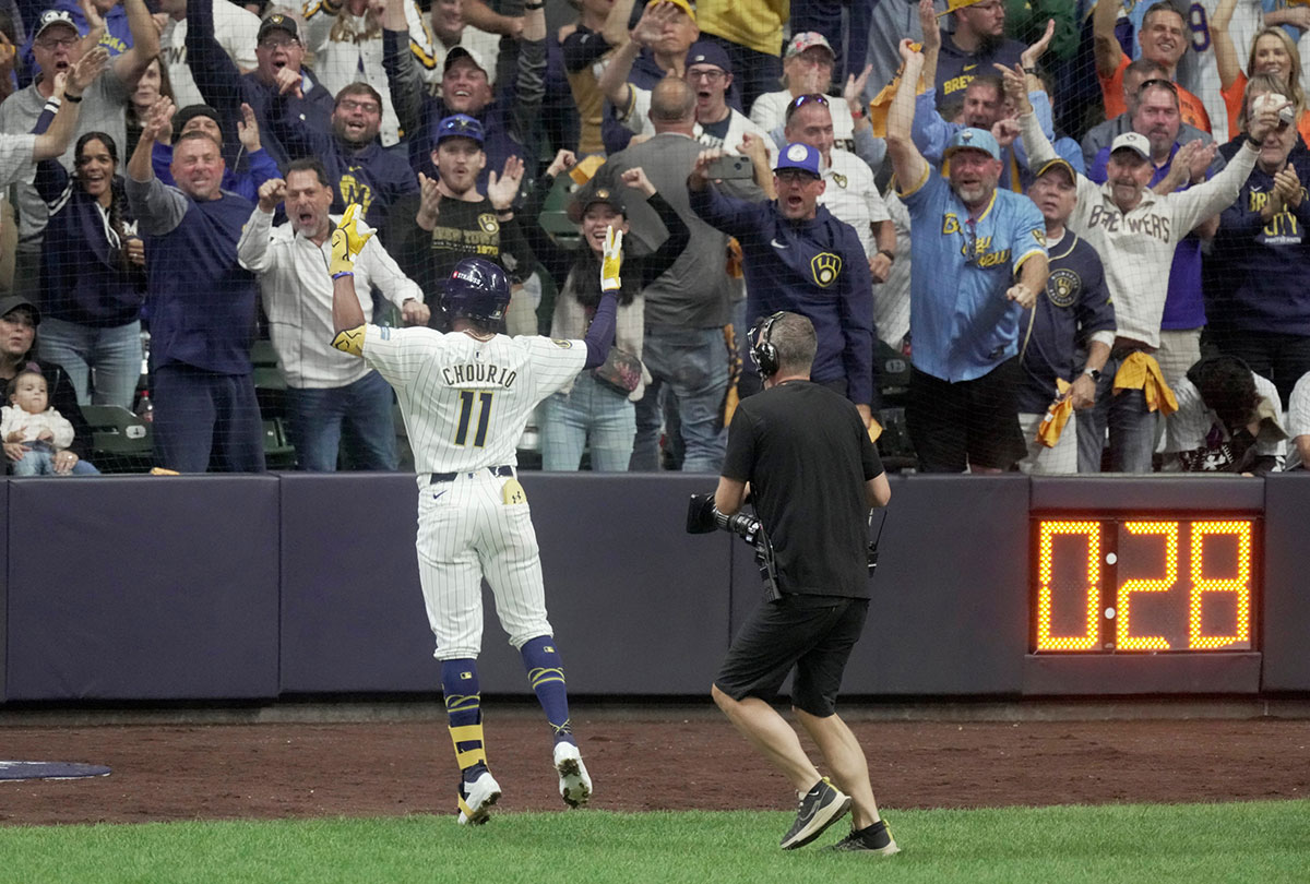 Milwaukee Brewers outfielder Jackson Chourio (11) celebrates his solo home run during the eighth inning of their wild-card playoff game against the New York Mets Wednesday, October 2, 2024 at American Family Field in Milwaukee, Wisconsin.