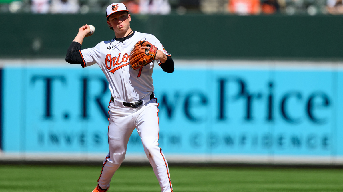 Baltimore Orioles second baseman Jackson Holliday (7) throws to first base during the seventh inning against the Tampa Bay Rays at Oriole Park at Camden Yards.