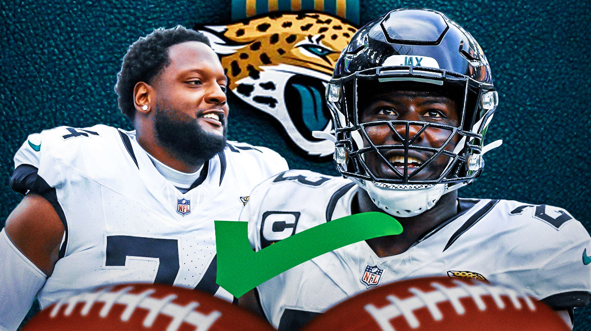 Foye Oluokon and Cam Robinson in Jaguars uniforms with green checkmark.