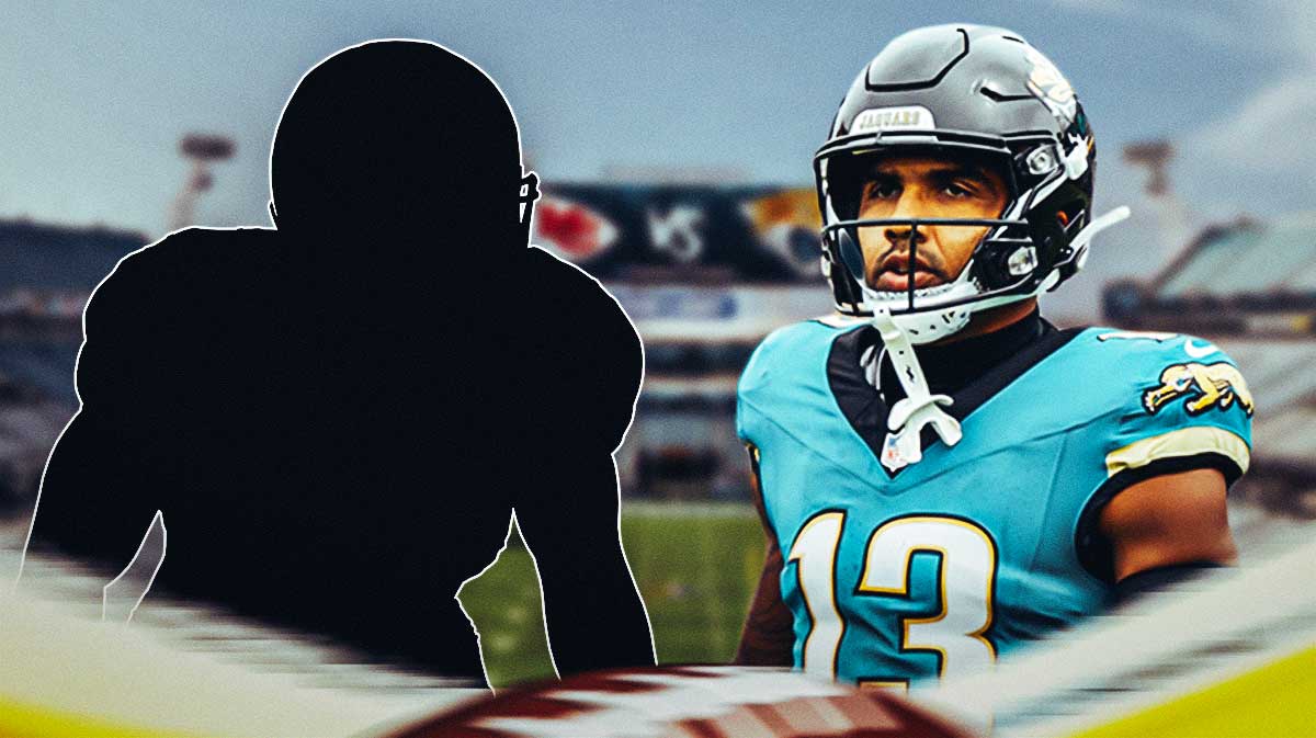 Christian Kirk next to a silhouetted Jaguars player featuring a Jaguars-themed BG.